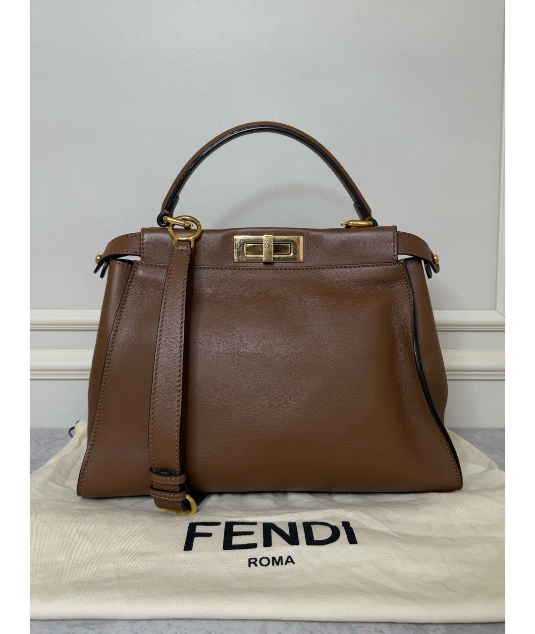 FENDI Коричневая кожаная сумка с короткими ручками, фото 8