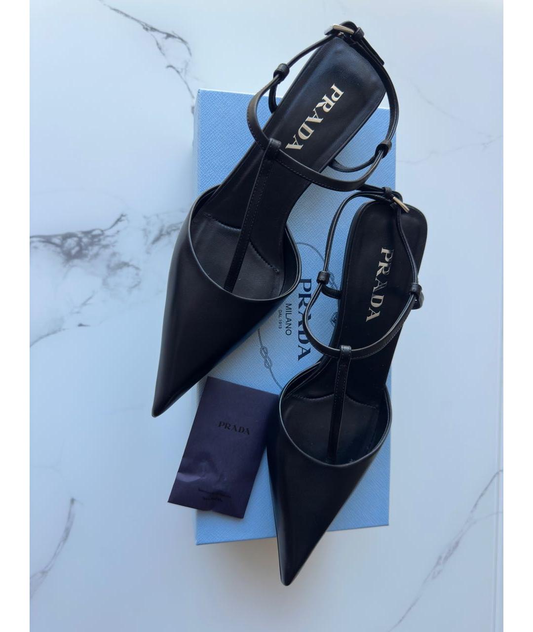 PRADA Черные кожаные лодочки на низком каблуке, фото 4