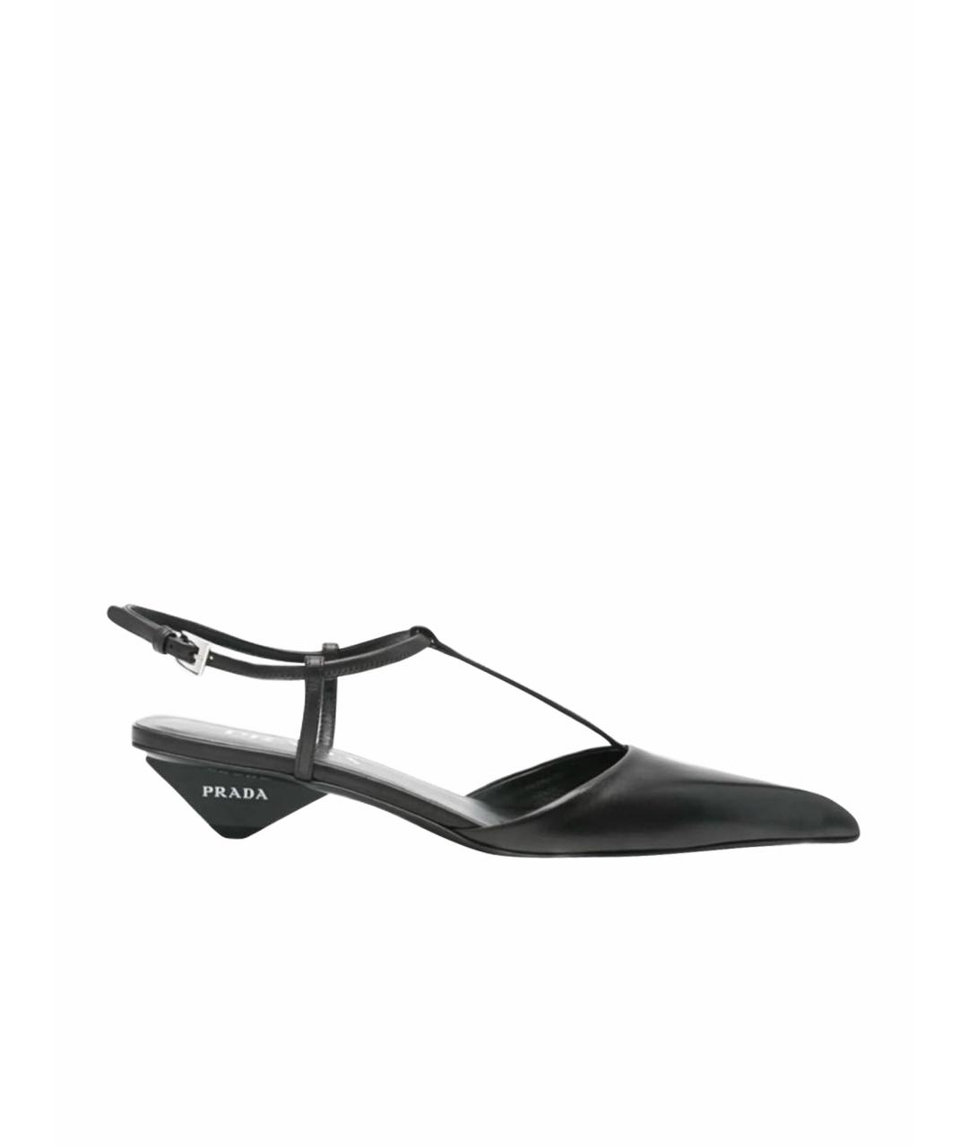 PRADA Черные кожаные лодочки на низком каблуке, фото 1