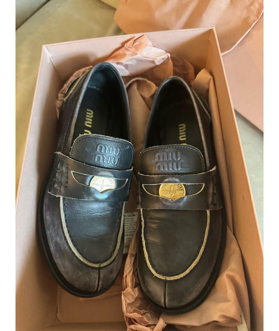 MIU MIU Антрацитовые кожаные лоферы, фото 4