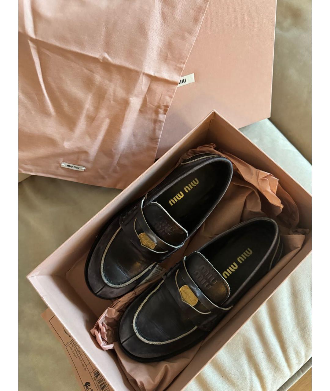 MIU MIU Антрацитовые кожаные лоферы, фото 3