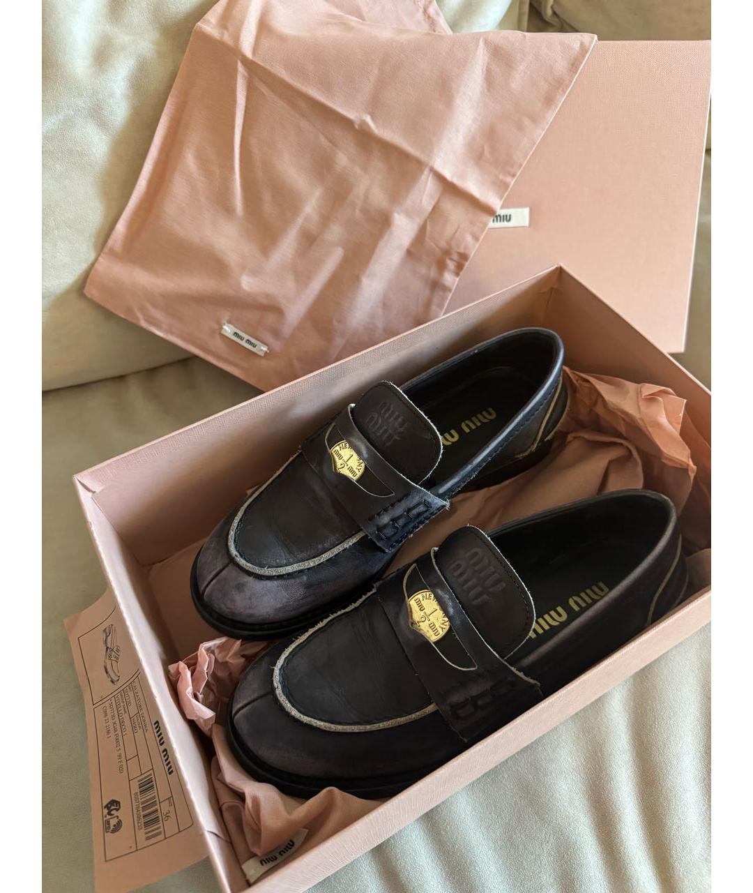 MIU MIU Антрацитовые кожаные лоферы, фото 2