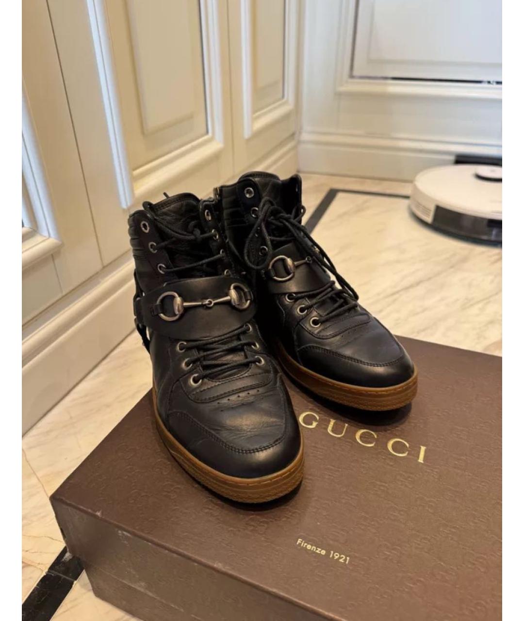 GUCCI Черные кожаные высокие кроссовки / кеды, фото 2