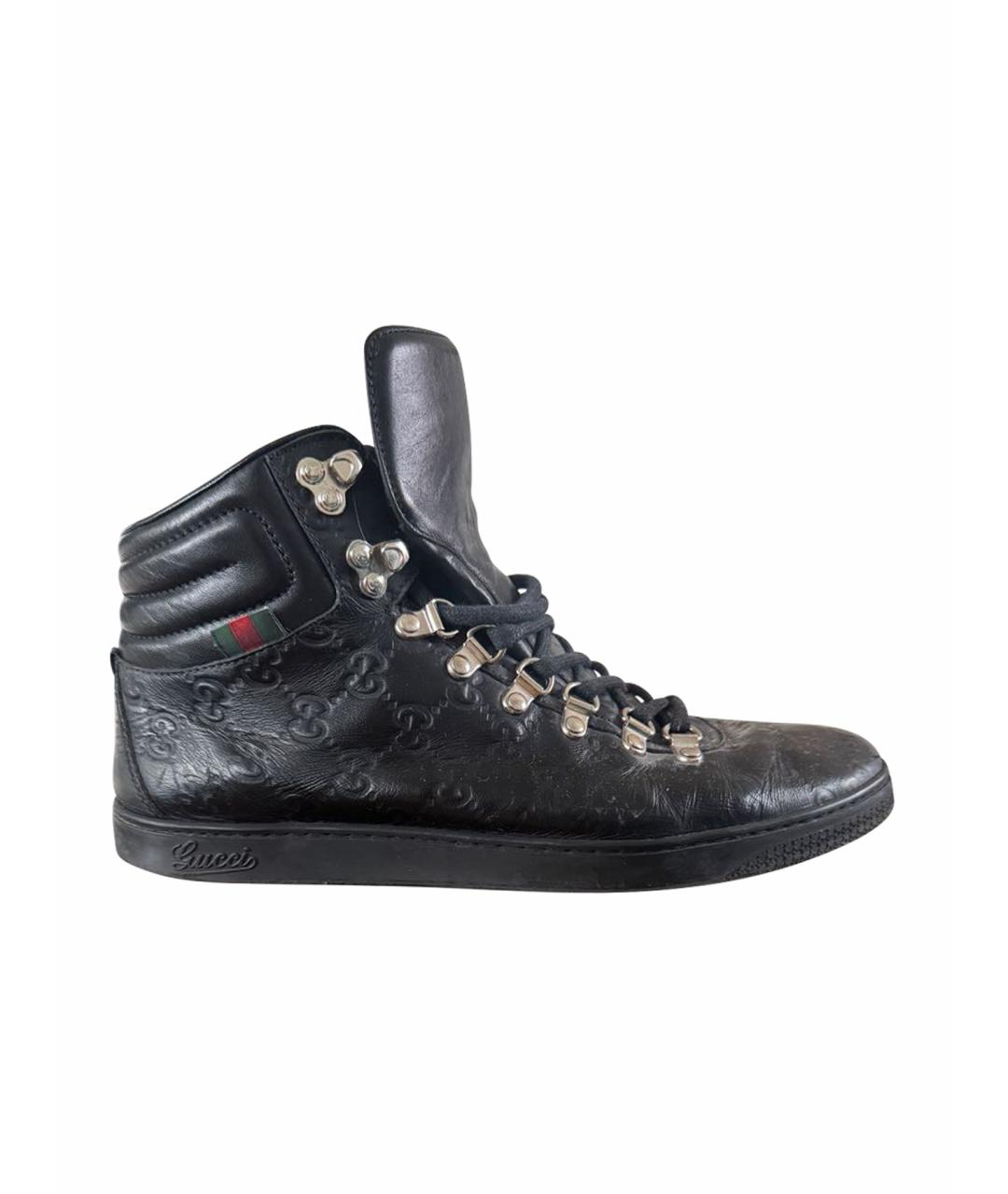 GUCCI Черные кожаные высокие кроссовки / кеды, фото 1