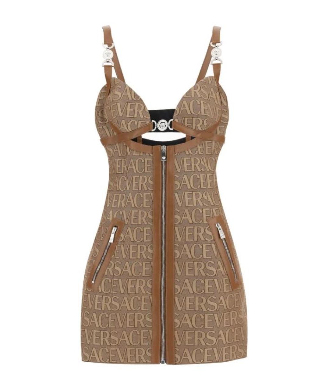 VERSACE Коричневое кожаное коктейльное платье, фото 1