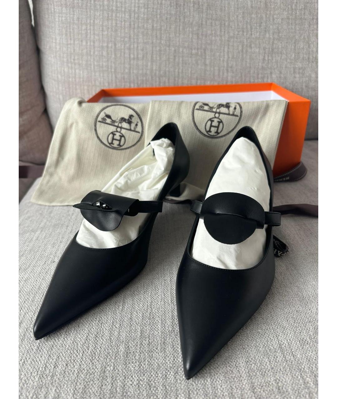 HERMES Черные кожаные лодочки на низком каблуке, фото 4