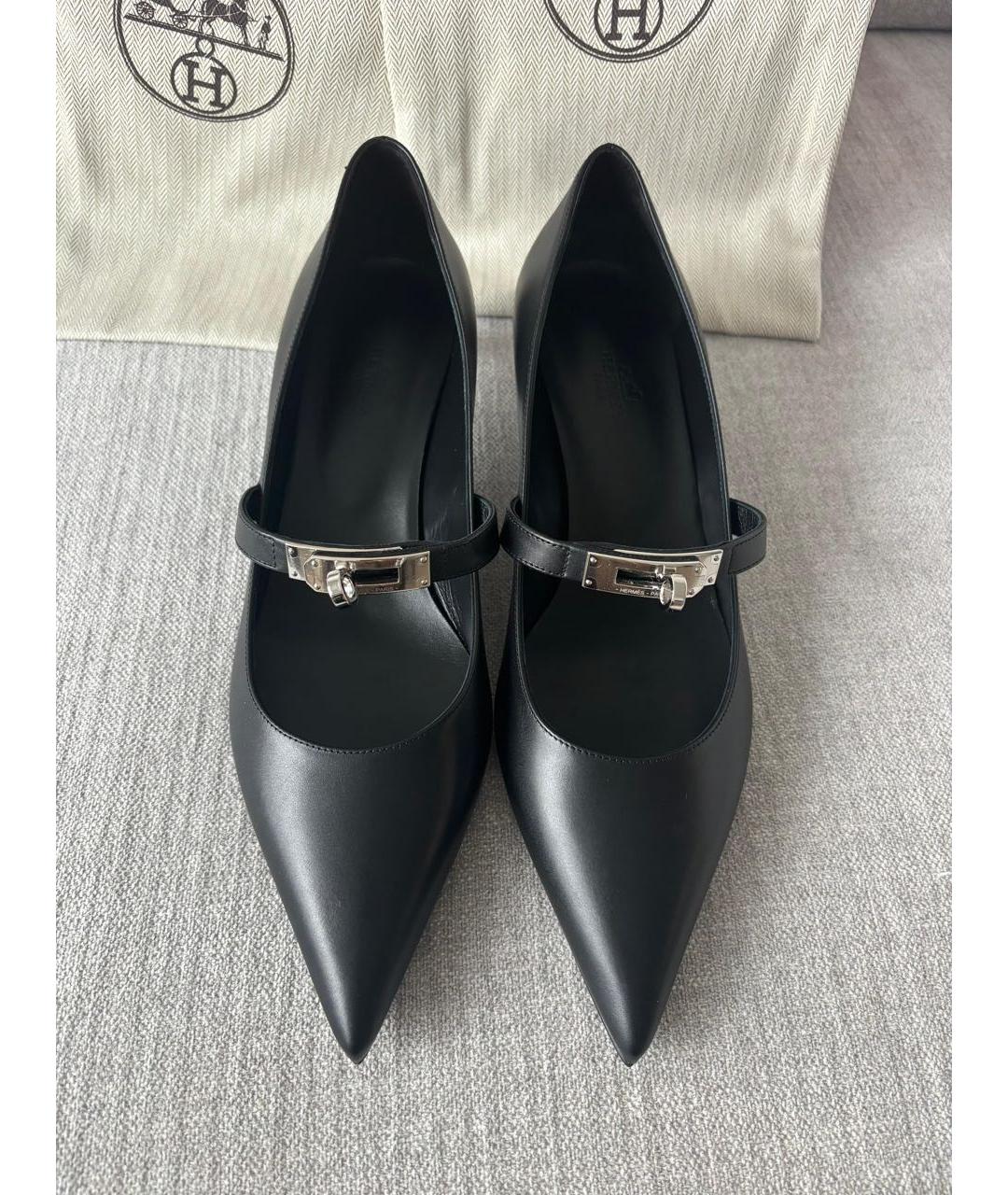 HERMES Черные кожаные лодочки на низком каблуке, фото 2