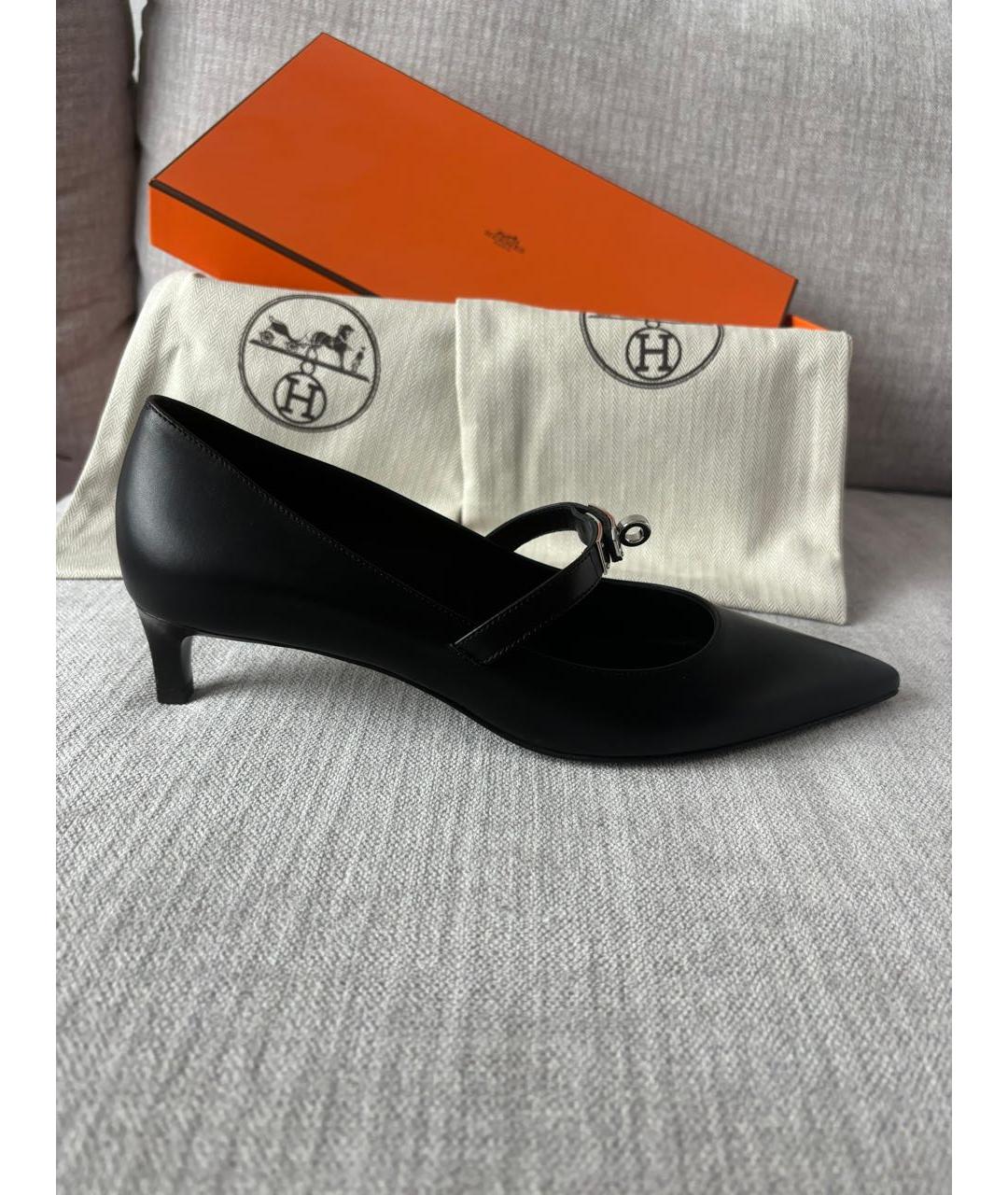 HERMES Черные кожаные лодочки на низком каблуке, фото 5