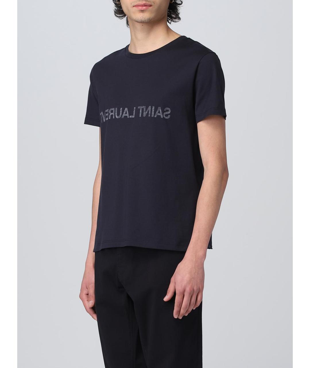 SAINT LAURENT Темно-синяя хлопковая футболка, фото 4