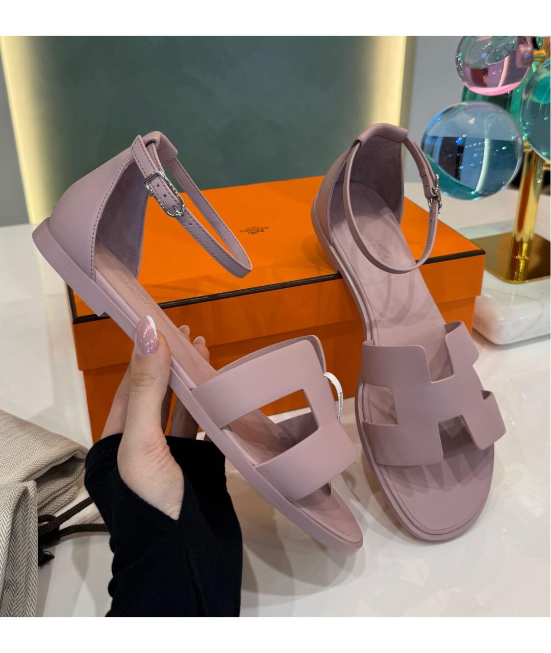 HERMES Розовые кожаные сандалии, фото 5