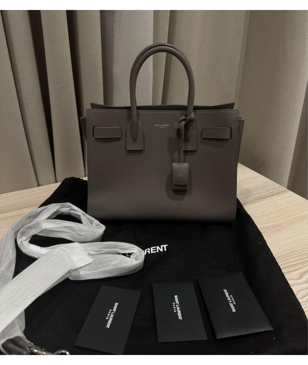 SAINT LAURENT Серая кожаная сумка с короткими ручками, фото 3