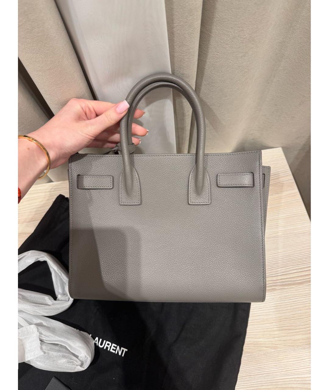 SAINT LAURENT Серая кожаная сумка с короткими ручками, фото 4