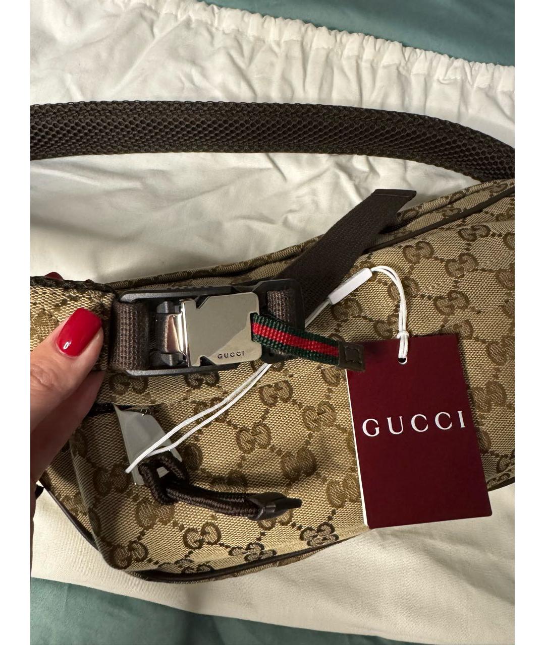 GUCCI Коричневая тканевая поясная сумка, фото 6
