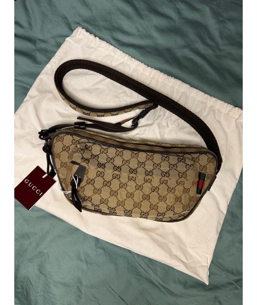 GUCCI Коричневая тканевая поясная сумка, фото 5