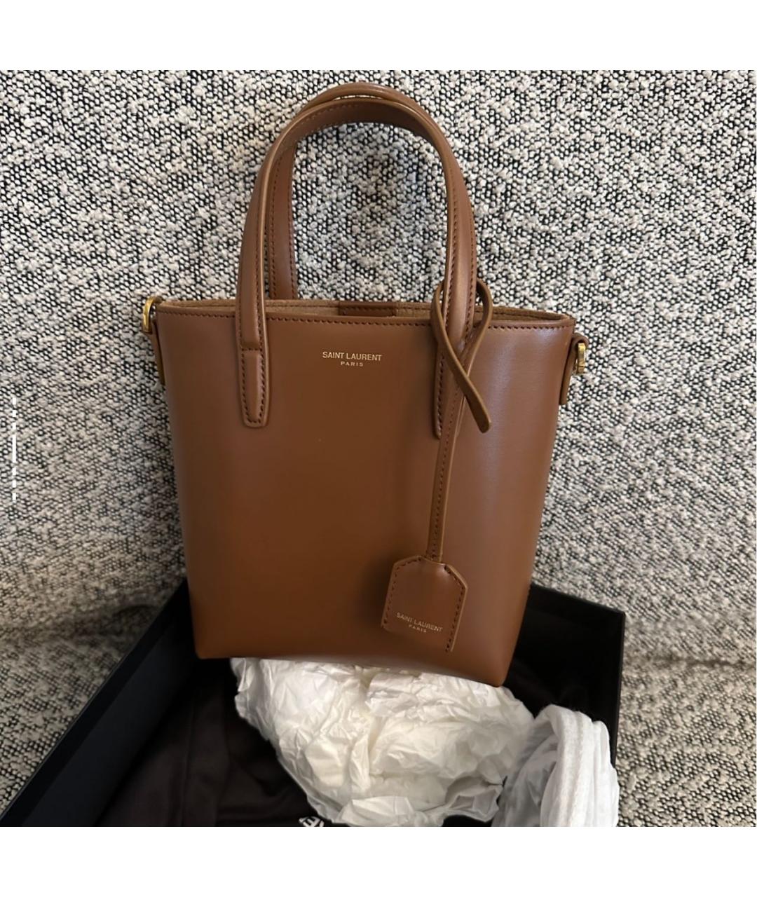 SAINT LAURENT Коричневая кожаная сумка с короткими ручками, фото 5