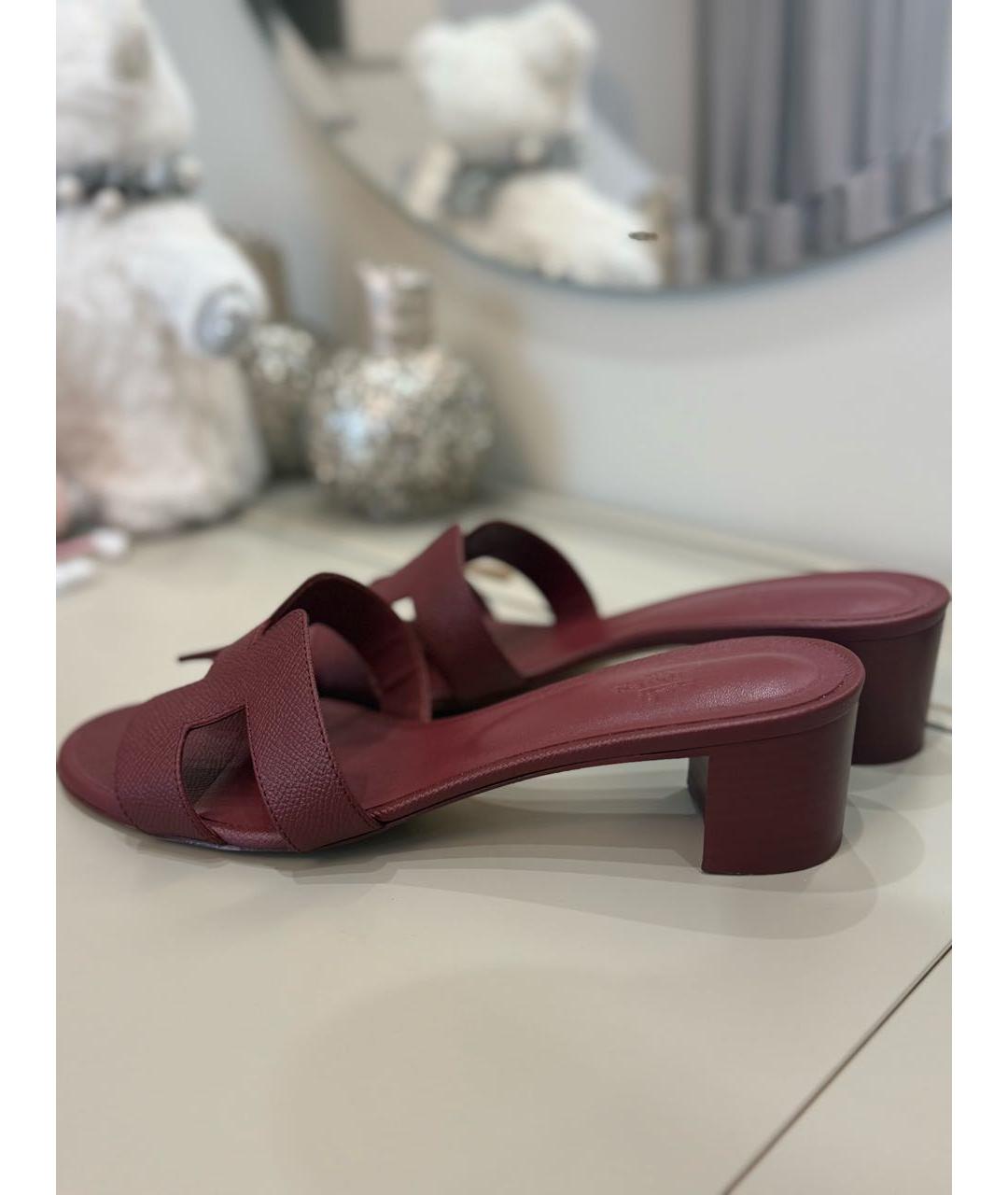 HERMES Бордовые кожаные мюли, фото 7