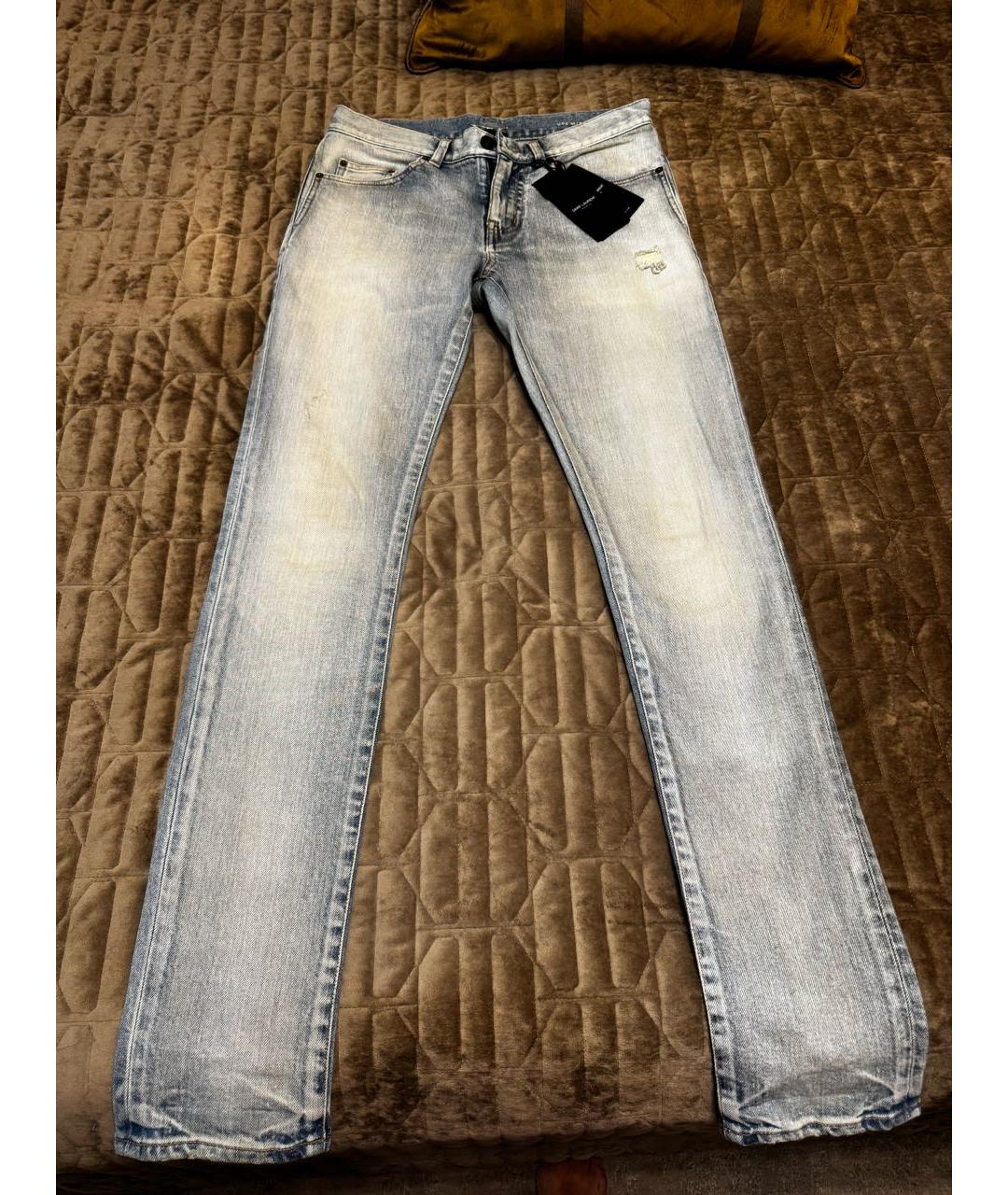 SAINT LAURENT Голубые хлопко-эластановые прямые джинсы, фото 9