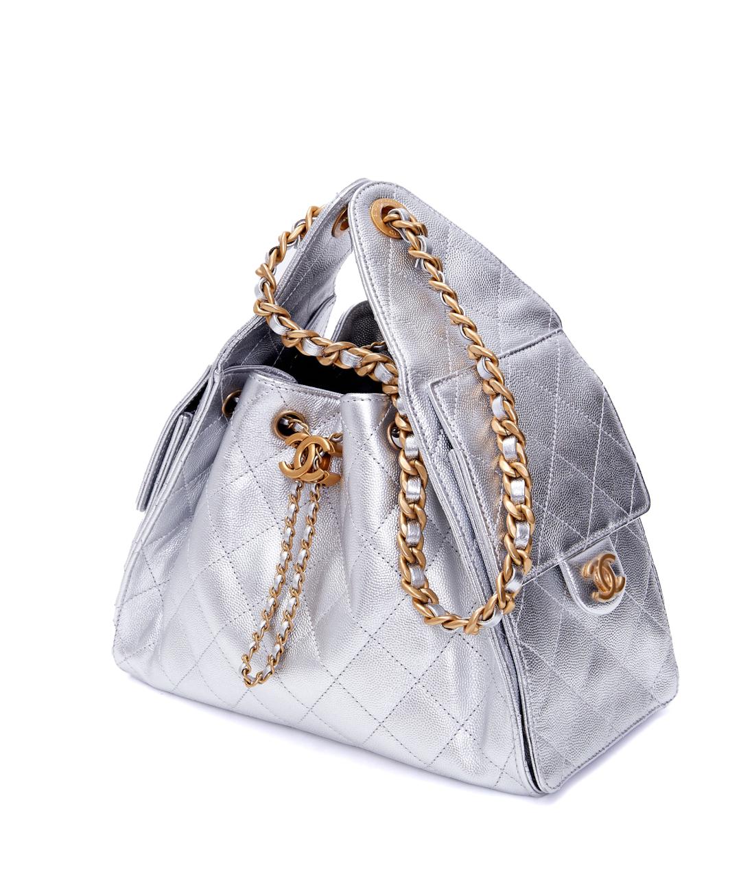 CHANEL Серебряная кожаная сумка с короткими ручками, фото 1