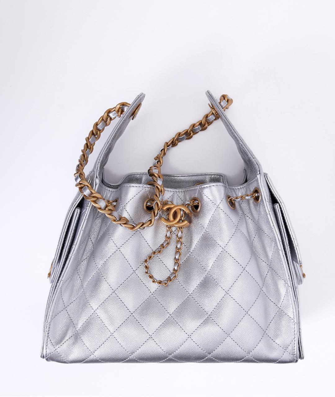 CHANEL Серебряная кожаная сумка с короткими ручками, фото 8