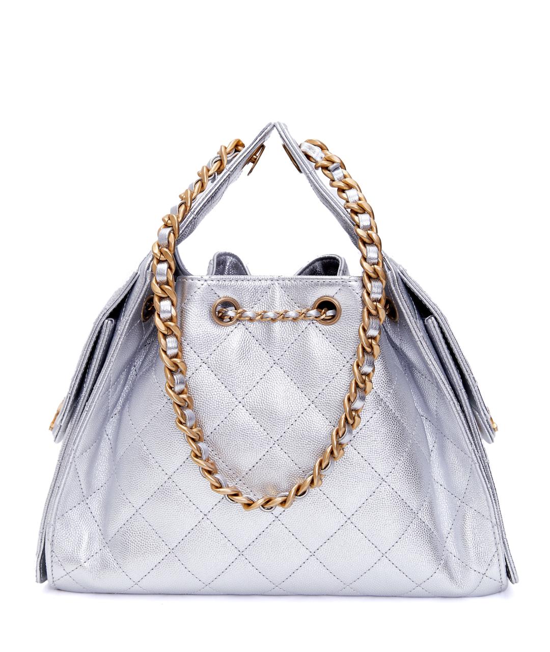 CHANEL Серебряная кожаная сумка с короткими ручками, фото 2