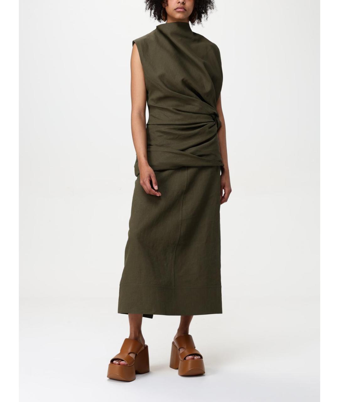 JIL SANDER Хаки льняное повседневное платье, фото 3