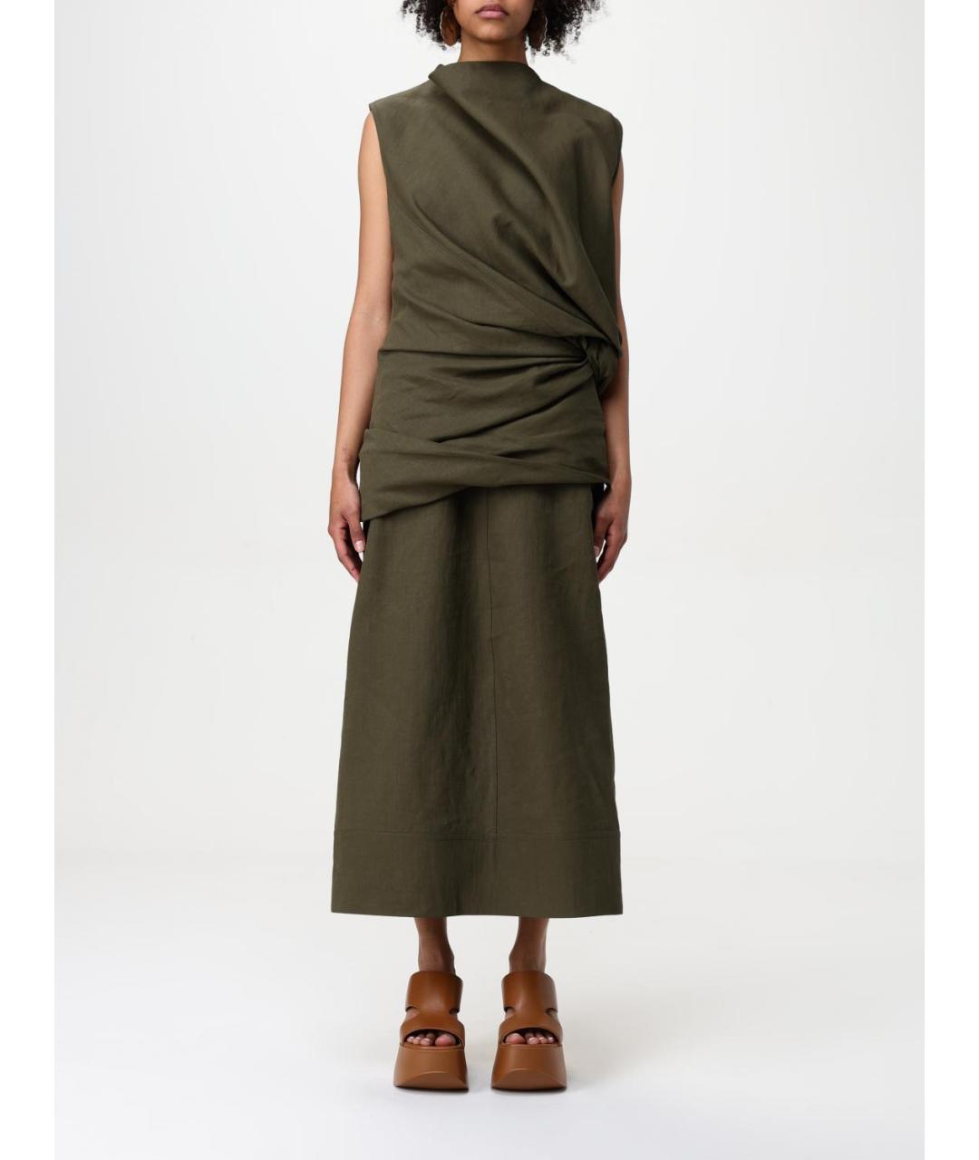 JIL SANDER Хаки льняное повседневное платье, фото 2