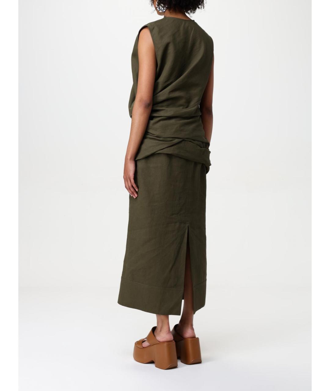 JIL SANDER Хаки льняное повседневное платье, фото 4