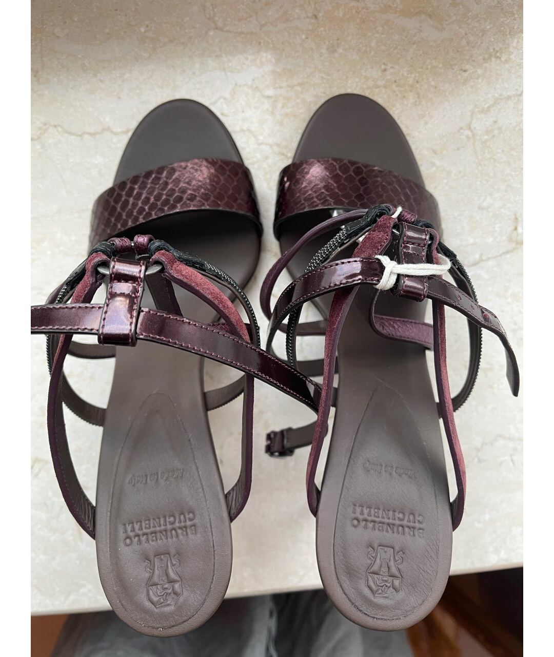 BRUNELLO CUCINELLI Бордовые кожаные босоножки, фото 3