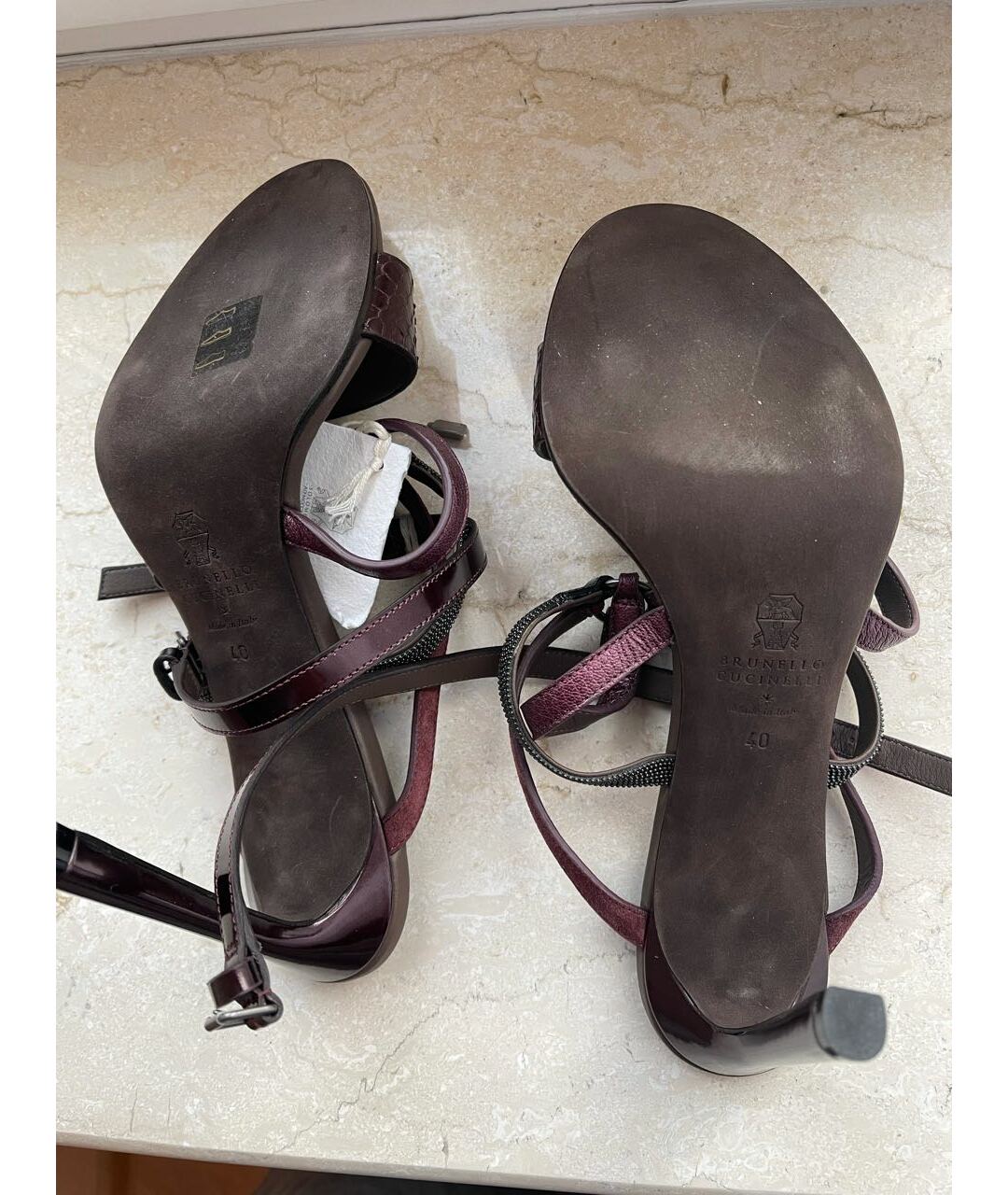 BRUNELLO CUCINELLI Бордовые кожаные босоножки, фото 5