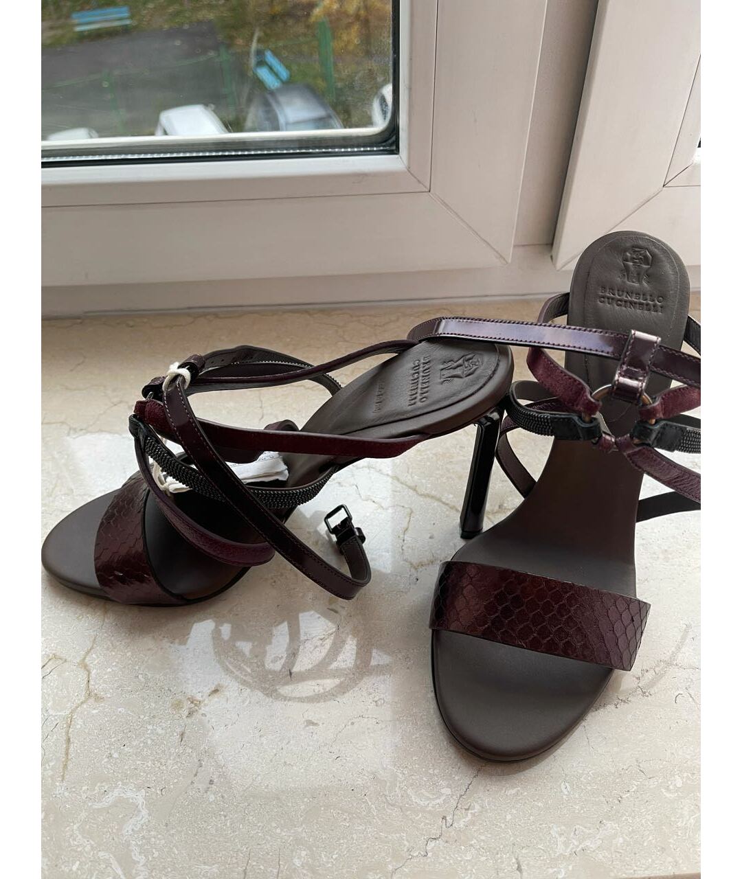 BRUNELLO CUCINELLI Бордовые кожаные босоножки, фото 6