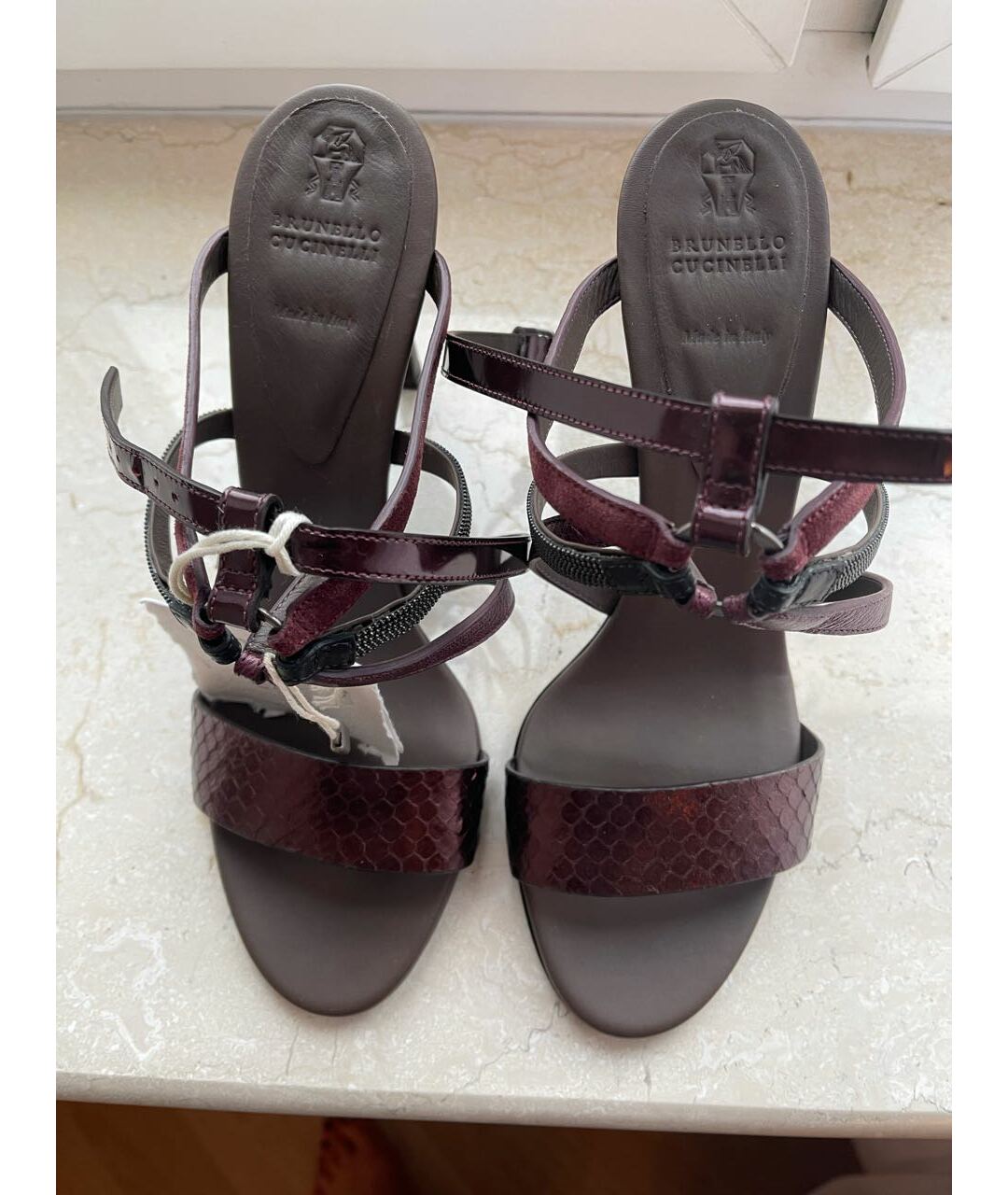 BRUNELLO CUCINELLI Бордовые кожаные босоножки, фото 2