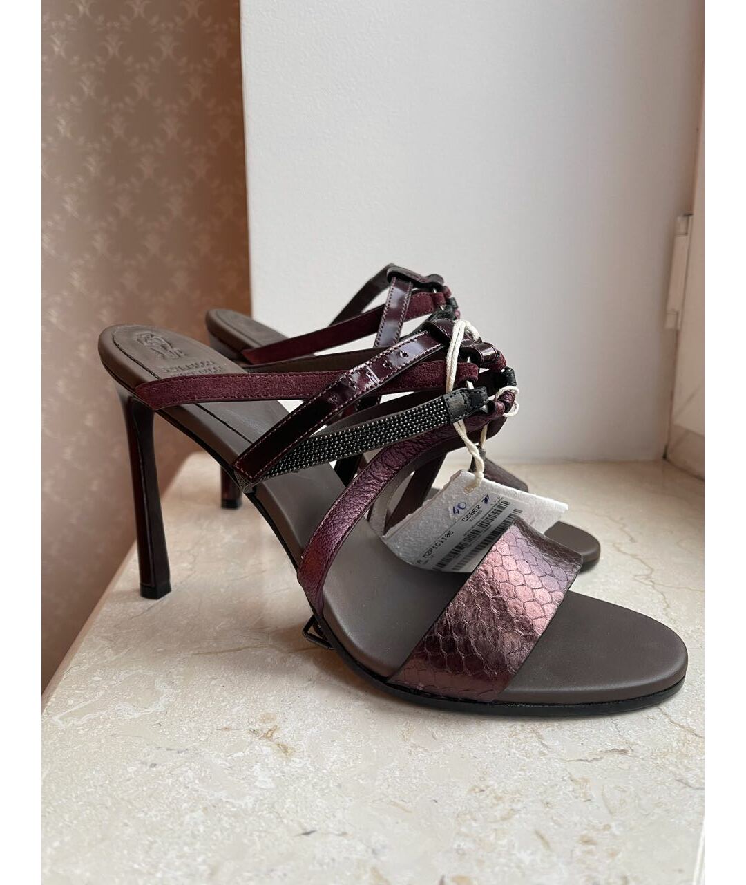 BRUNELLO CUCINELLI Бордовые кожаные босоножки, фото 7