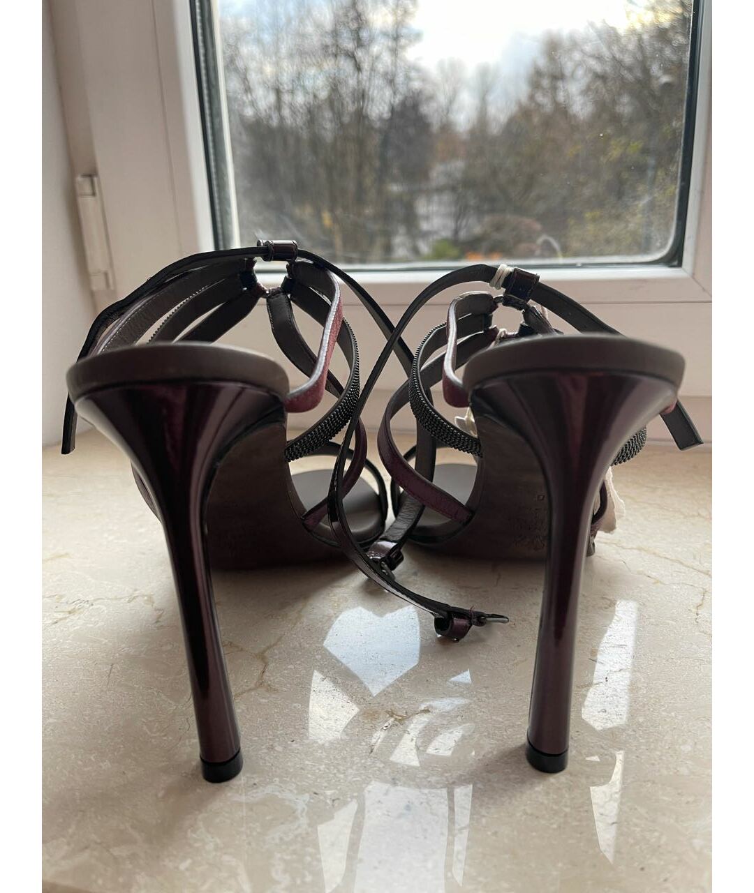 BRUNELLO CUCINELLI Бордовые кожаные босоножки, фото 4