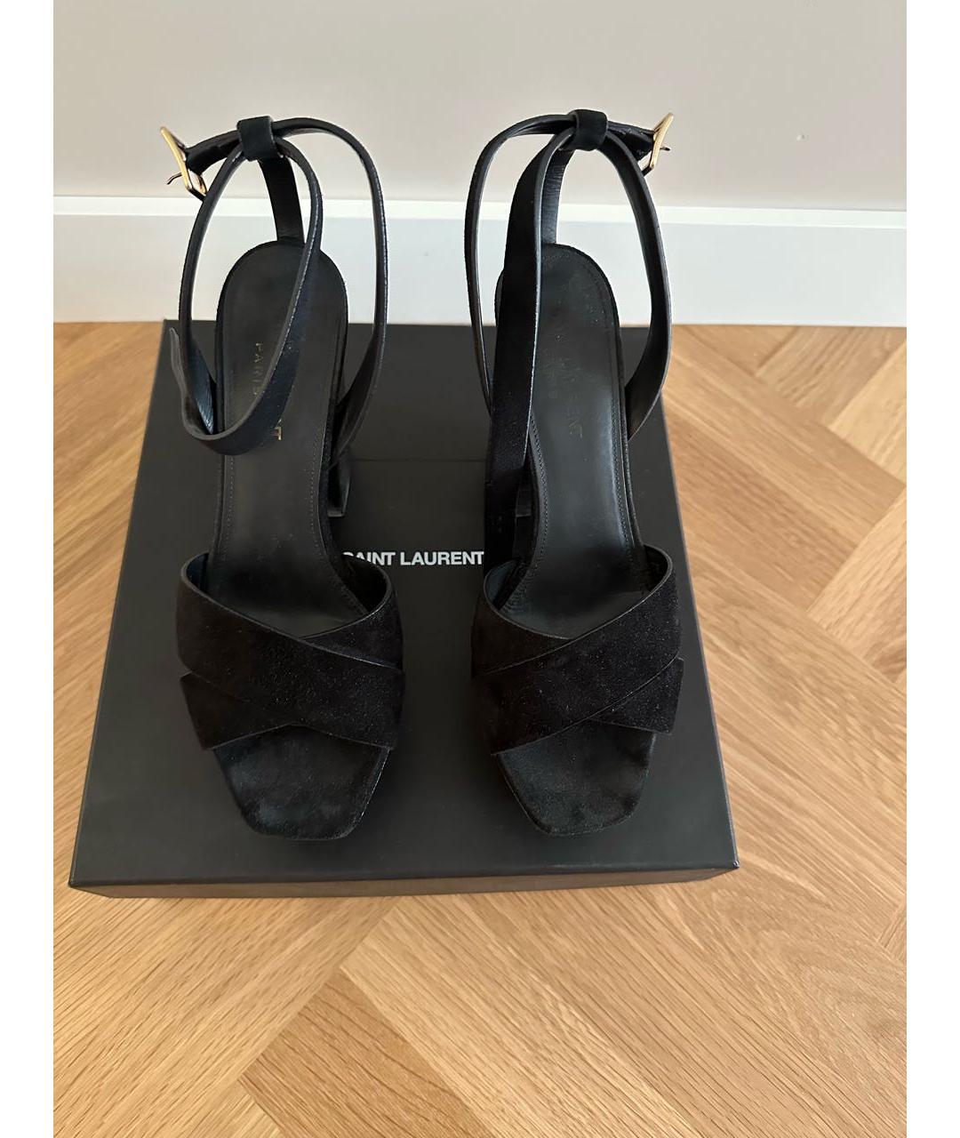 SAINT LAURENT Черные бархатные босоножки, фото 5