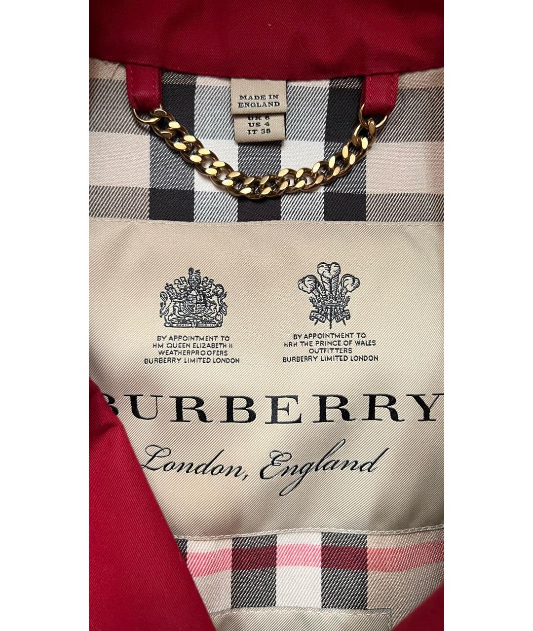 BURBERRY Красный хлопковый тренч/плащ, фото 3