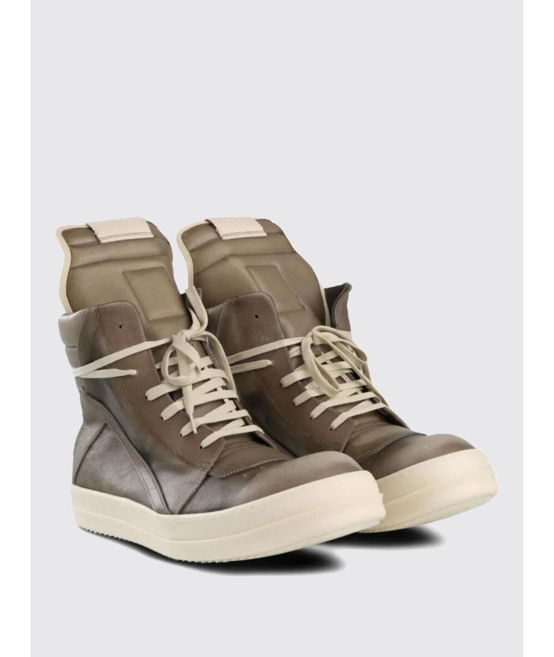 RICK OWENS Хаки кожаные высокие кроссовки / кеды, фото 2