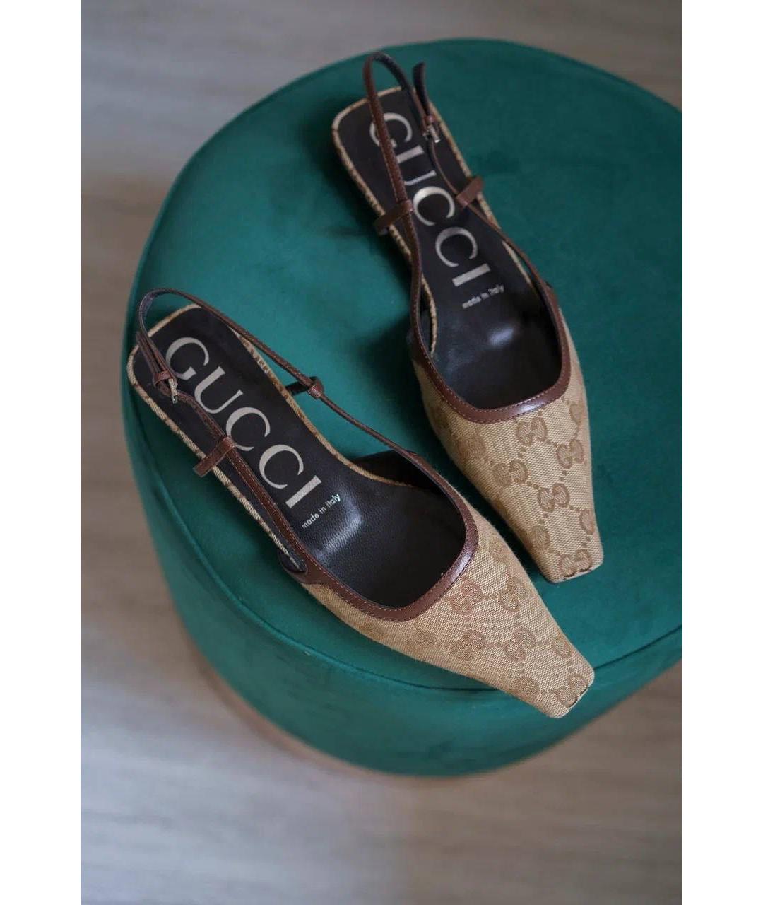 GUCCI Коричневые текстильные лодочки на низком каблуке, фото 4