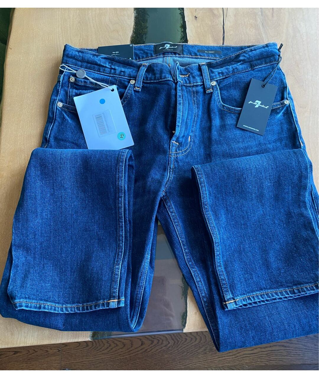 7 FOR ALL MANKIND Синие хлопковые прямые джинсы, фото 3