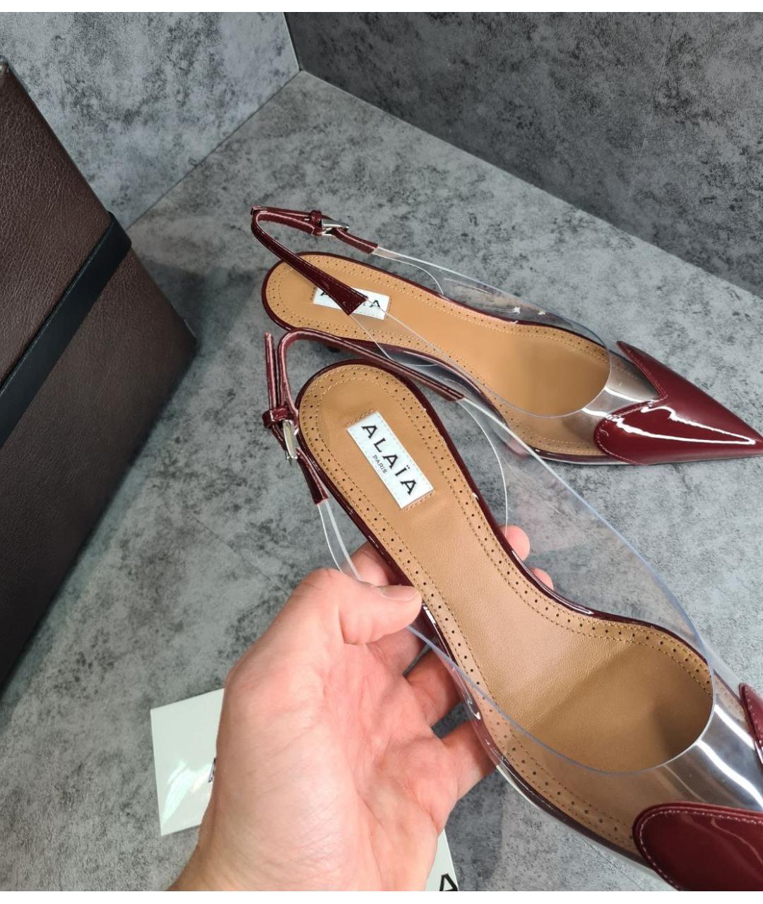 ALAIA Бордовые кожаные лодочки на низком каблуке, фото 5