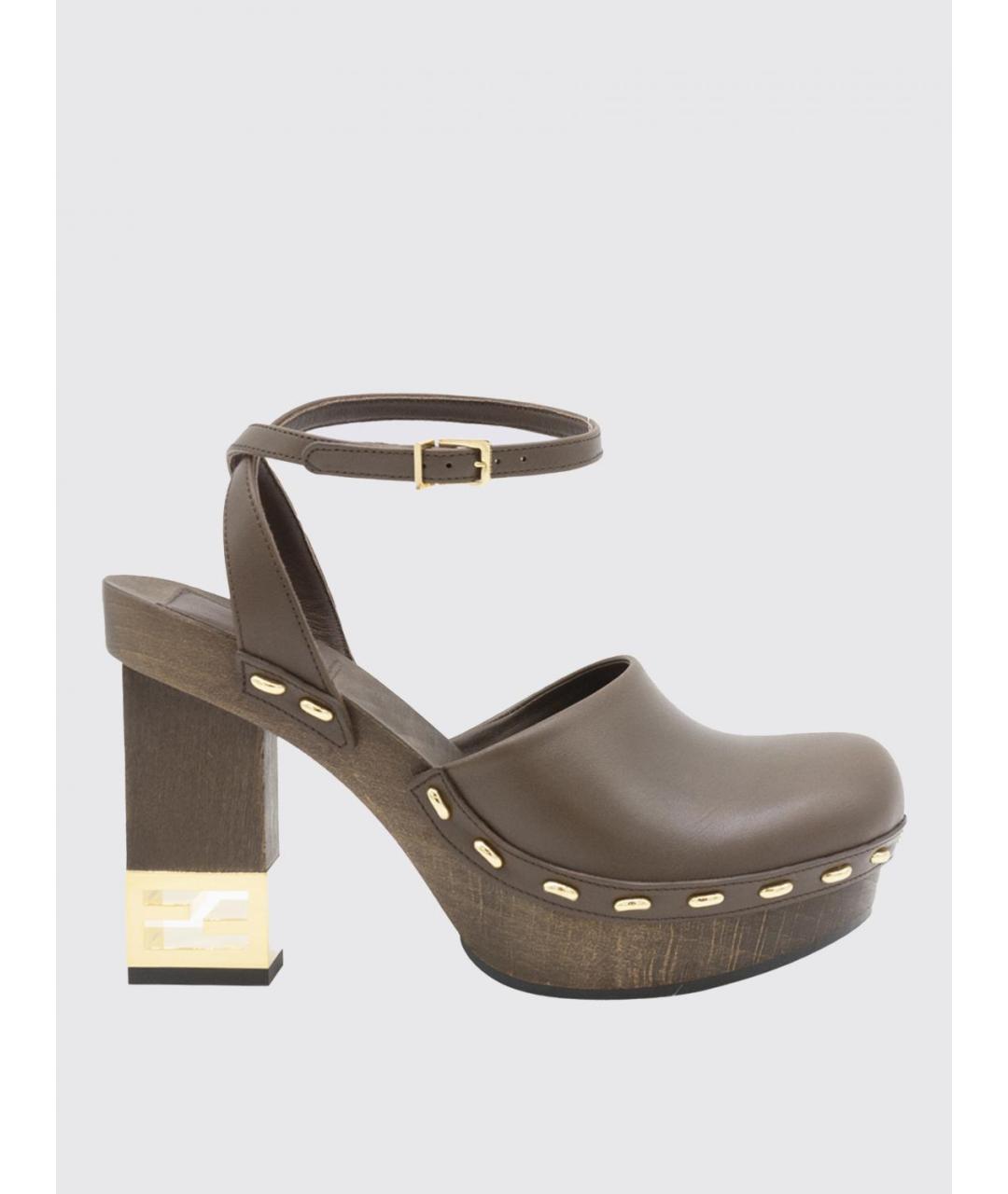 FENDI Коричневые кожаные сабо, фото 4
