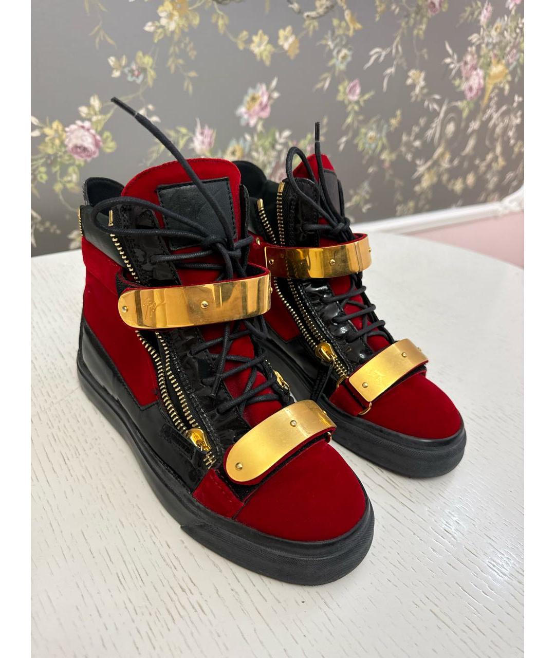 GIUSEPPE ZANOTTI DESIGN Бордовые бархатные высокие кроссовки / кеды, фото 6