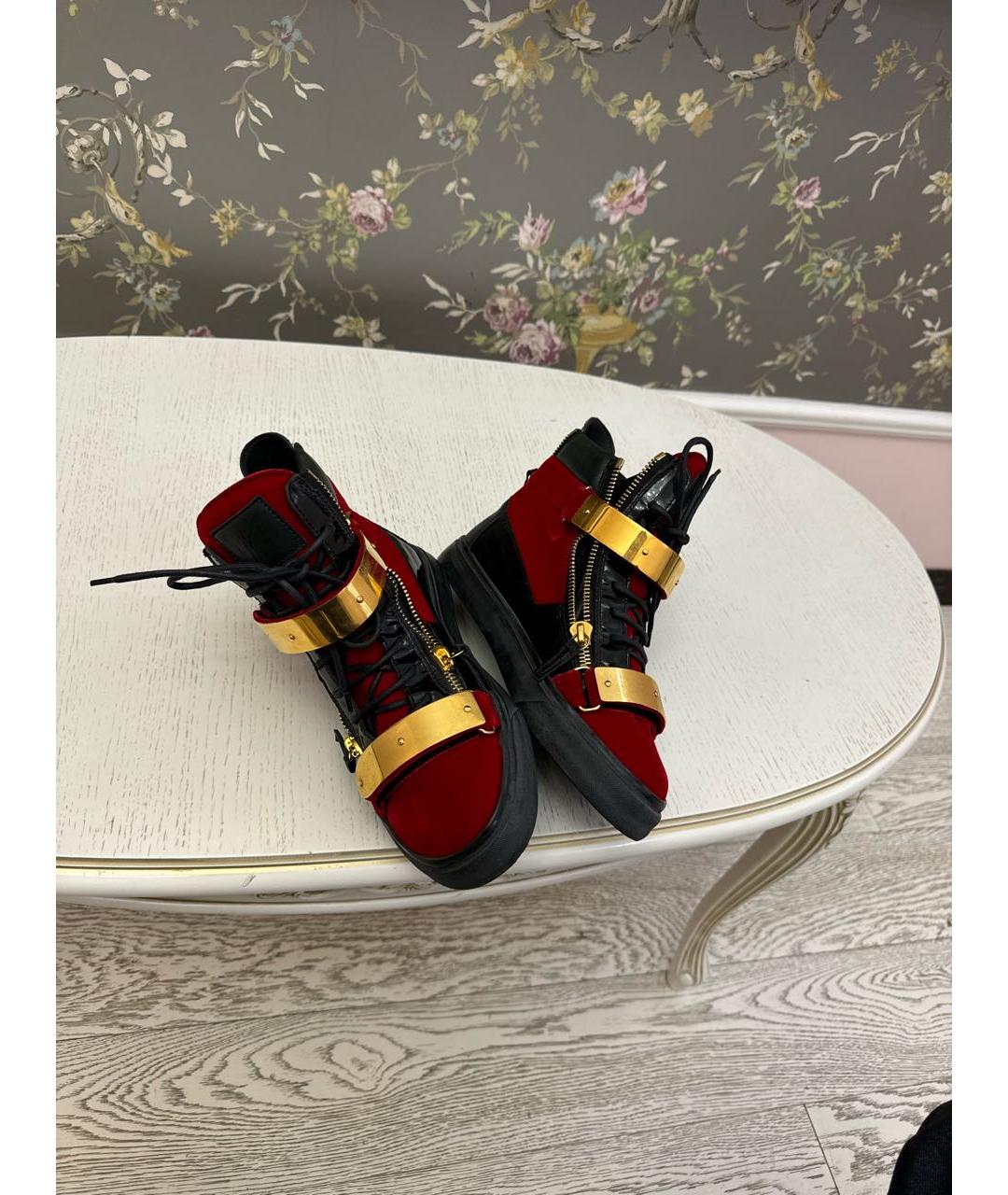 GIUSEPPE ZANOTTI DESIGN Бордовые бархатные высокие кроссовки / кеды, фото 4