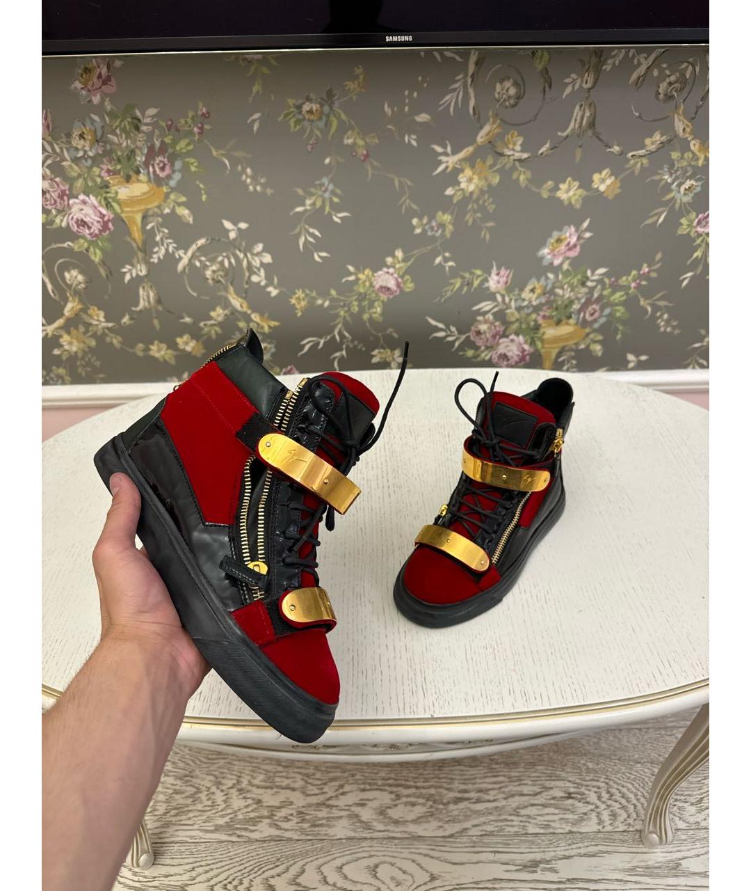 GIUSEPPE ZANOTTI DESIGN Бордовые бархатные высокие кроссовки / кеды, фото 2