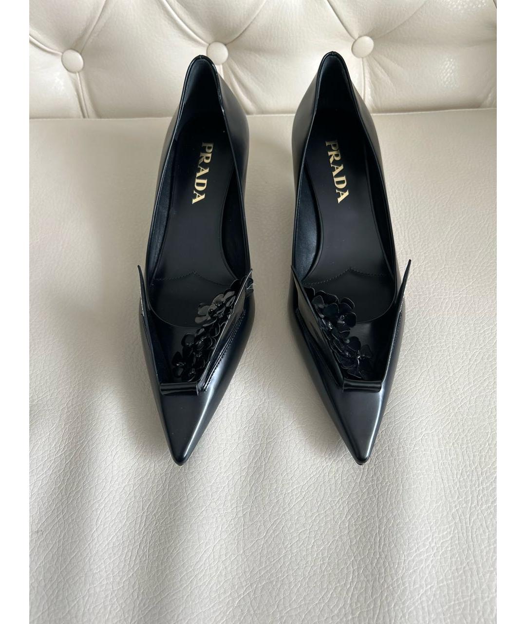 PRADA Черные кожаные лодочки на низком каблуке, фото 2