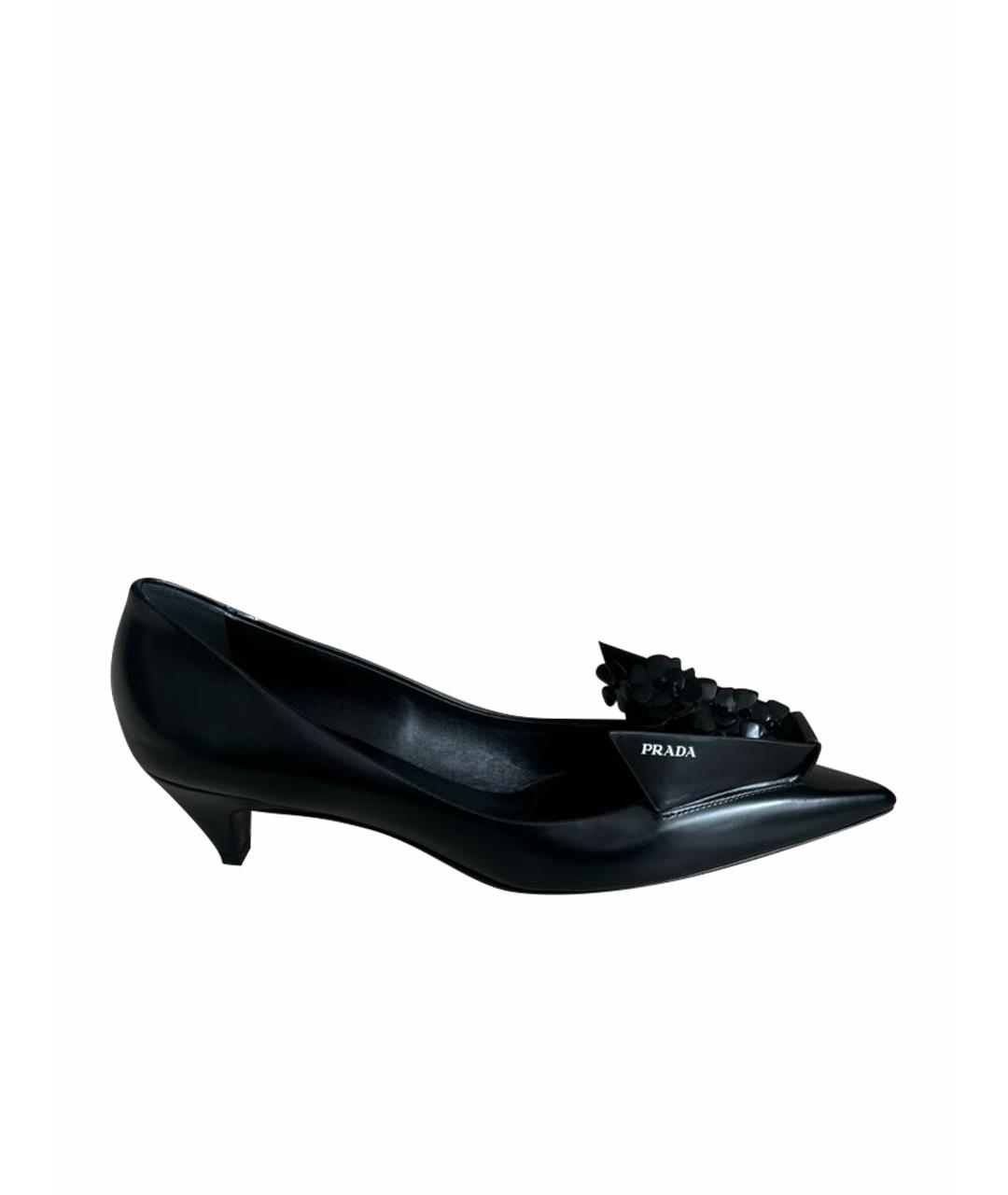 PRADA Черные кожаные лодочки на низком каблуке, фото 1