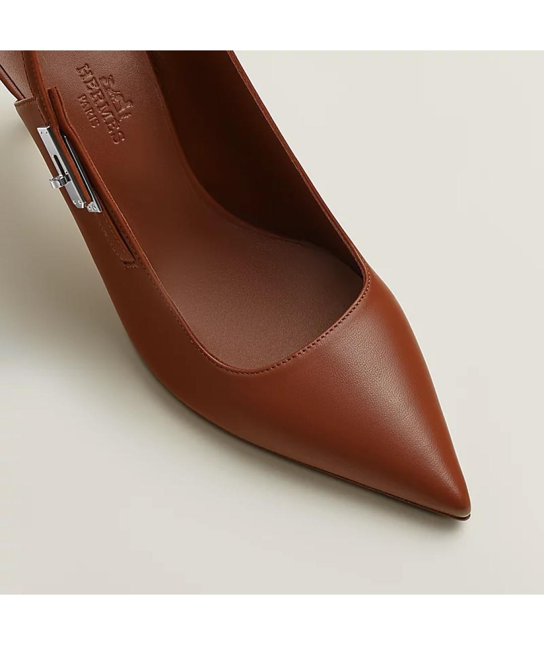 HERMES Коричневые кожаные лодочки на низком каблуке, фото 4
