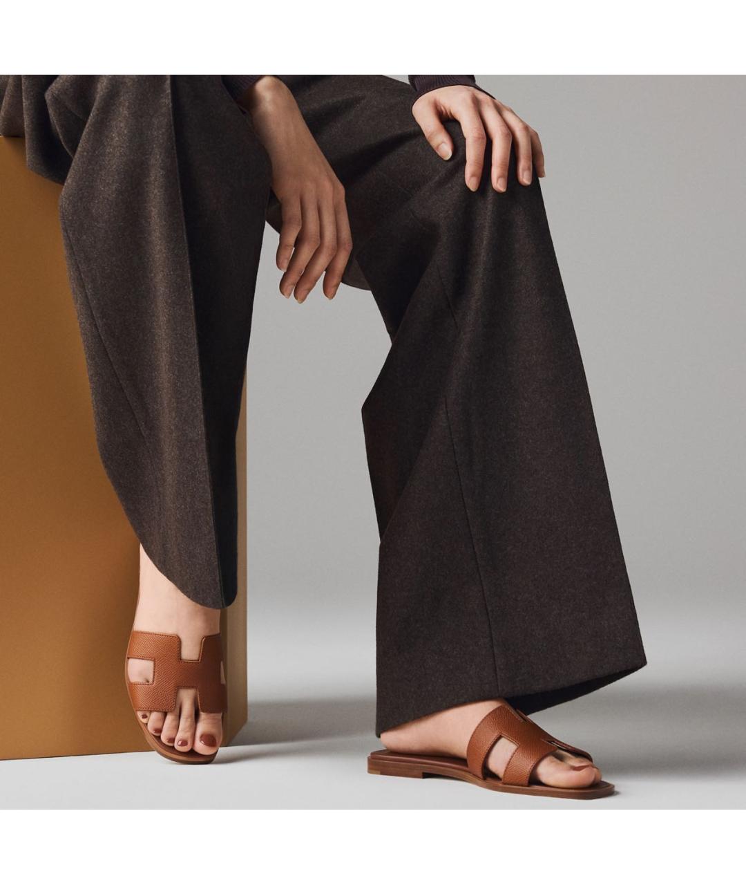 HERMES Коричневые кожаные шлепанцы, фото 5