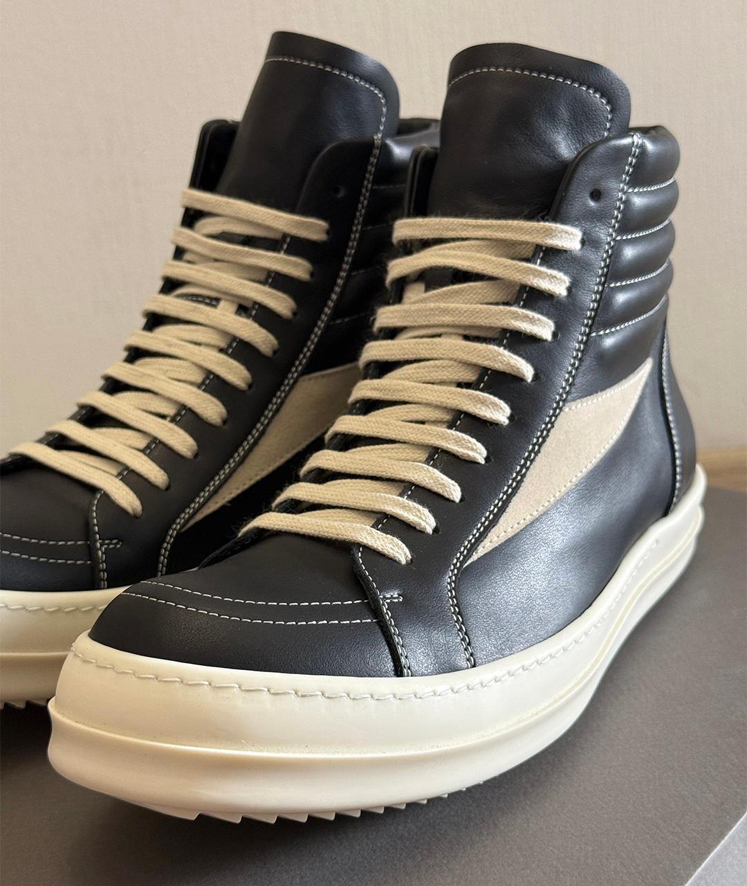 RICK OWENS Черные кожаные высокие кроссовки / кеды, фото 3