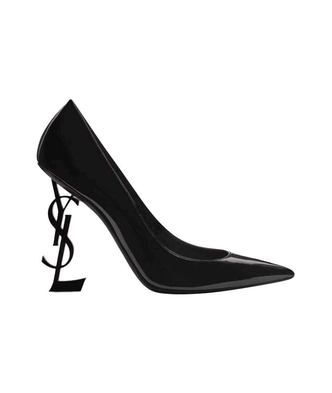 SAINT LAURENT Черные лодочки на низком каблуке из лакированной кожи, фото 1