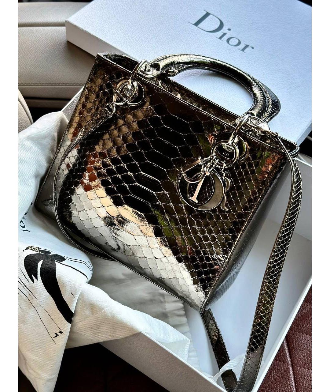 CHRISTIAN DIOR Серебряная сумка с короткими ручками из экзотической кожи, фото 5